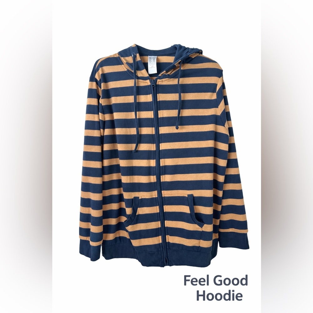 Feel Good Striped Blue and Tan zip front Hoodie Large